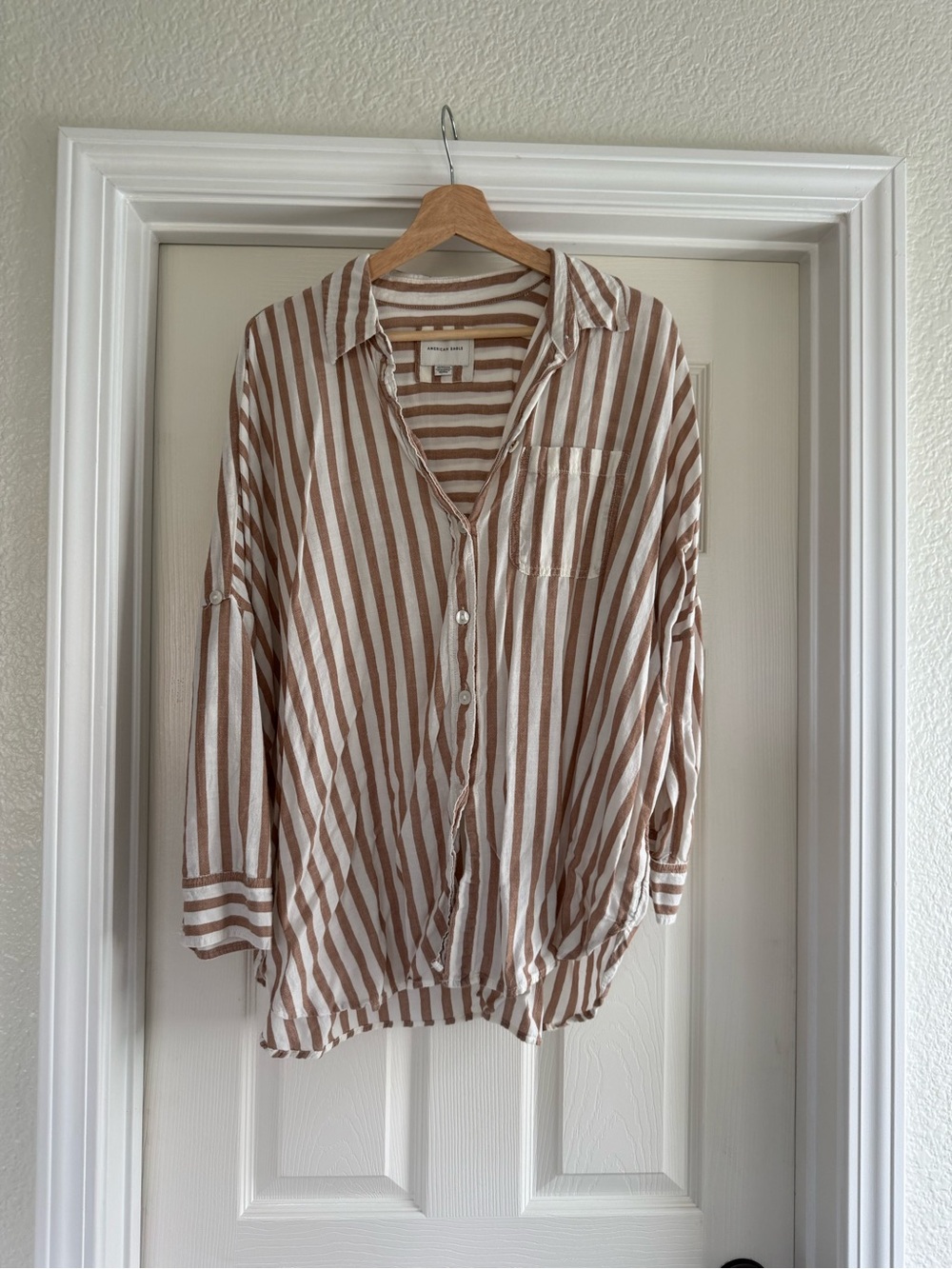 American Eagle Outfitters Beige and White Vertical Stripe Button-Down Shirt